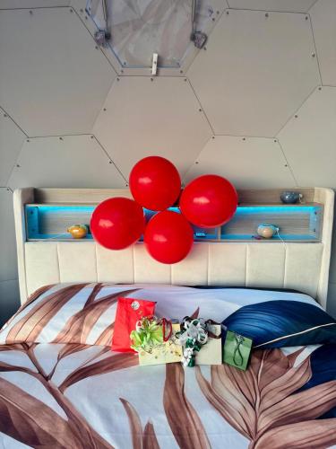 a bed with red balloons on top of it at Palmaria Sky Bubbles Room in Ponza