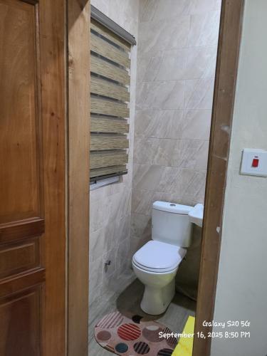 アクラにあるBill-wise Apartmentの小さなバスルーム(トイレ付)、木製のドアが備わります。