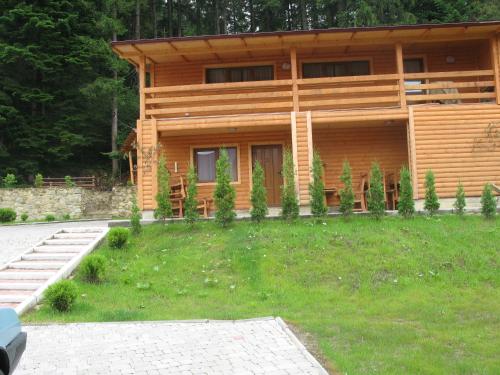 a wooden house with a grassy yard in front of it at Schale Centoriya in Mykulychyn
