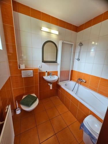 a bathroom with a sink and a toilet and a tub at Penzion Zlata studna in Hlinsko
