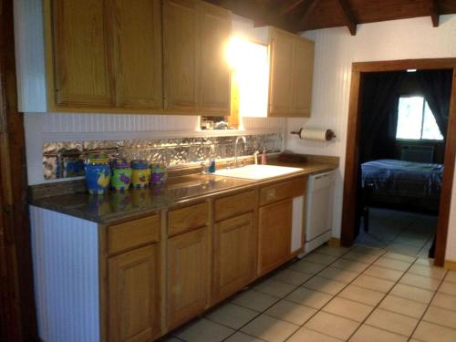 eine Küche mit Holzschränken und einer Arbeitsplatte in der Unterkunft Rustic Waterfront Cottage Rental on the Guadalupe River in Texas in Schumannsville