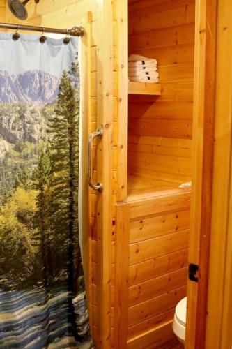 a bathroom with a toilet and a window with a view at Perfect Texas Glamping in this Cozy Log Cabin Rental for 4 near Austin in Pipe Creek
