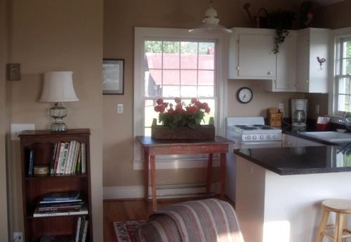 a kitchen with a window and a counter with flowers on it at Two-Bedroom, One Bathroom Cottage on 250-Acre Cattle Farm for Getaway near Richmond, Virginia in Howardsville