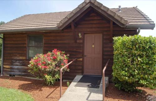 a wooden cabin with a door and two bushes at Secluded Cabin Rental on a Ranch in Oregon's Coastal Mountains in Elkton