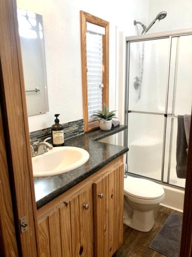 a bathroom with a sink and a toilet and a shower at Charming Cabin on a Glamping Resort with Swimming Pool in Austin, Texas in Cedar Valley