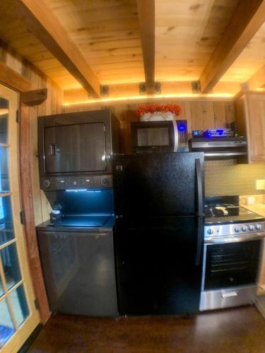 a kitchen with a black refrigerator and a stove at Magical Tree House Experience with a Private Hot Tub in Shenandoah Valley, Virginia in Grove Hill