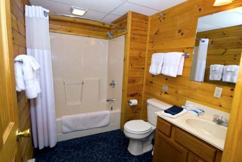 ein Badezimmer mit Toilette, Dusche und Waschbecken in der Unterkunft Secluded Log Cabin with a Hot Tub near Bridle Trails in Logan, Ohio in Cedar Grove