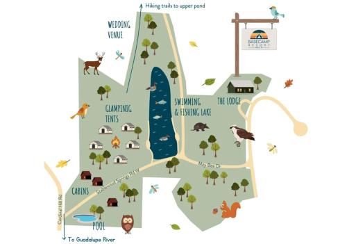a map of a park with animals and buildings at Beautiful Glamping Tented Cabin in Ingram, Texas, with Access to the Guadalupe River in Hunt