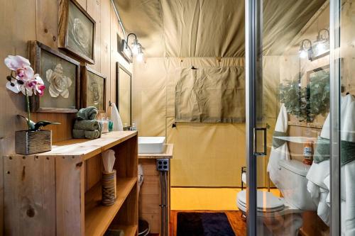 a bathroom with a shower and a sink at Beautiful Secluded Tented Cabin with Fire Pit in Sevierville, Tennessee in Wear Valley