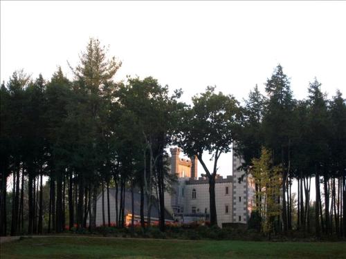 a building behind a group of trees in a park at Spectacular Gothic-Style Castle with Private Pool and Hot Tub near Rindge, New Hampshire in Rindge