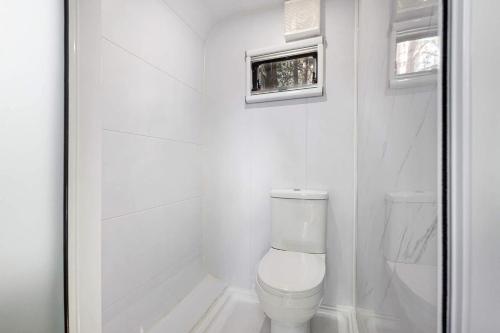 a white bathroom with a toilet and a shower at Secluded Modern Tiny House with Wood-Fired Hot Tub Near Trails in Sears, Michigan in Sears