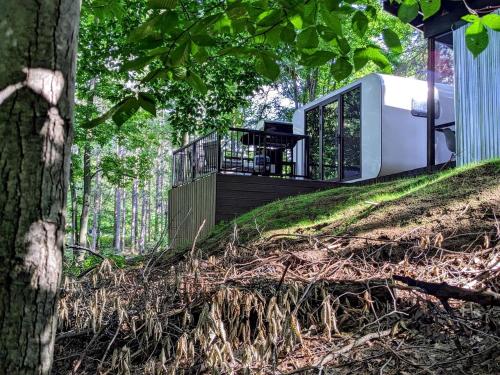 a modern house on a hill with trees at Secluded Modern Tiny House with Wood-Fired Hot Tub Near Trails in Sears, Michigan in Sears