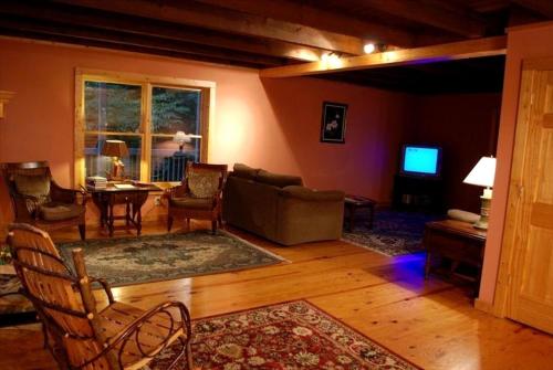 a living room with a couch and chairs and a tv at Luxury Mountain Cabin Rental with a Hot Tub in Helen, Georgia in Helen