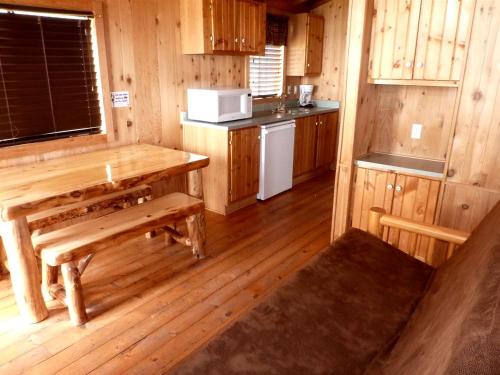 a kitchen with wooden floors and a table in a cabin at Beautiful Lakefront Cabin with Stunning Sights in Montana in Lakeview