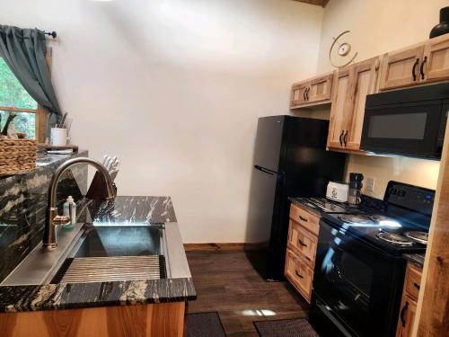 a kitchen with a sink and a black refrigerator at Gorgeous Secluded Wooden Cabin in Carbondale, Illinois in Etherton
