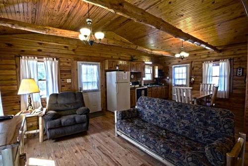 a living room with a couch and a kitchen at Secluded Luxury Cabin Getaway for Four Guests in Logan, Ohio in Cedar Grove