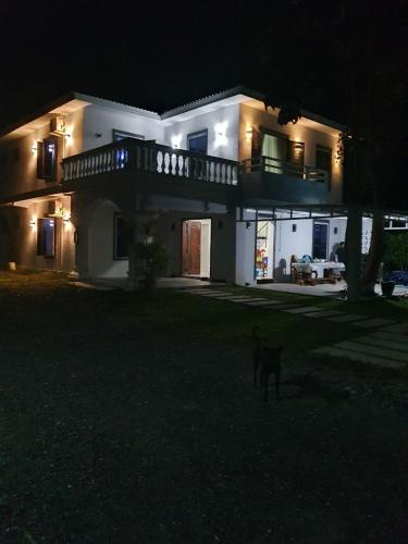 a dog standing in front of a house at night at Sivann Villa Kep in Kep