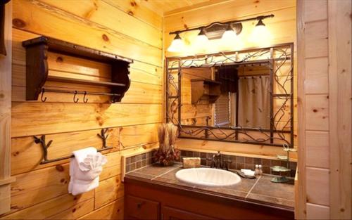 a bathroom with a sink and a mirror at Luxury Log Cabin with Hot Tub and Panoramic Views of the Great Smoky Mountains in Glade
