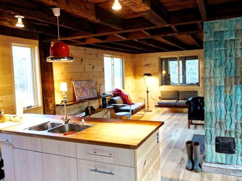 a kitchen with a sink and a living room at Charming Cabin Getaway with a Wood-Burning Stove in Chesterfield, Massachusetts in South Worthington