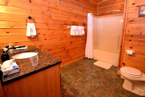 a bathroom with a sink and a toilet and a shower at Cozy Log Cabin near Hocking Hills State Park, Ohio in Cedar Grove