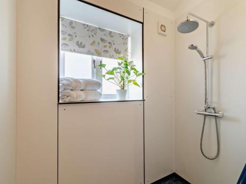 Una cabina de ducha con puerta de cristal y una planta. en 1 Bed in Hilton 76518, en Tutbury