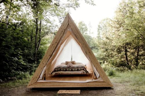 aangularangularangular tent with a bed in a forest at Idyllic Safari Tent with Sauna and Amazing Views in North Woodstock, New Hampshire in Woodstock