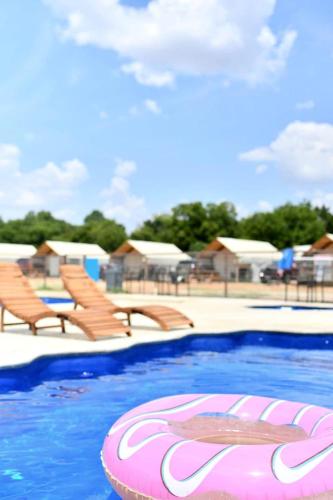 a swimming pool with two chairs and a pink lifesaver at Rest and Relax in Texas in this Great Safari Tent Getaway in Cibolo in Marion