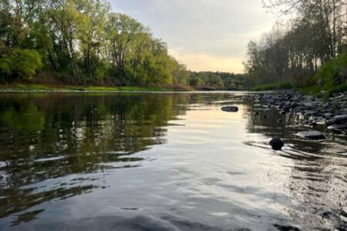 a river with rocks and trees on the side at Secluded Riverside Cabin for 8 in Belfast, NY with Rustic Amish-Built Retreat in Oramel