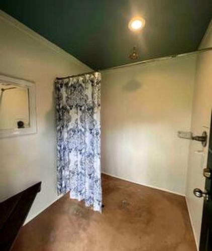 a room with a shower curtain in a room at Secluded Riverside Cabin for 8 in Belfast, NY with Rustic Amish-Built Retreat in Oramel
