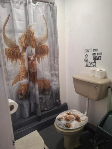 a bathroom with a toilet and a shower curtain at Parkhouse farm caravan in Easby