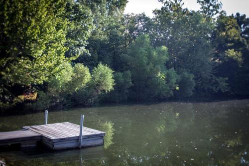 a dock in the middle of a lake with trees at Wonderful Lakefront Cabin with Hot-tub in Carbondale, Illinois in Etherton