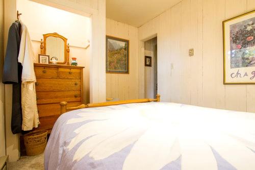 a bedroom with a bed and a dresser and a mirror at Bed and Breakfast Ski Chalet with Yoga Studio in Stratton Mountain, Vermont in Stratton Mountain