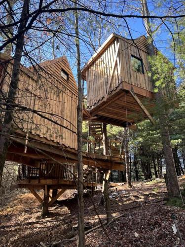 a tree house on a platform in the woods at Eco-Friendly, Abstract Treehouse Surrounded by Wildlife and Hiking Trails For a Special Getaway in Sparrow Bush, New York in Cahoonzie