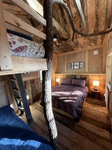a bedroom with two bunk beds and a tree at Eco-Friendly, Abstract Treehouse Surrounded by Wildlife and Hiking Trails For a Special Getaway in Sparrow Bush, New York in Cahoonzie