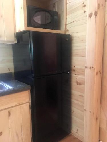 a black refrigerator in a kitchen with a microwave at Pennsylvania Glamping Destination for Nature Getaways for Four in Charming Log Cabin in Germania