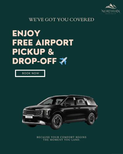 a poster of a car that says enjoy free airport pick up and drop off at Centaurus Two Bedroom Apartment in Islamabad
