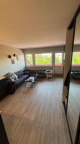 uma sala de estar com um sofá azul e duas janelas em Nice and space efficient apartment 