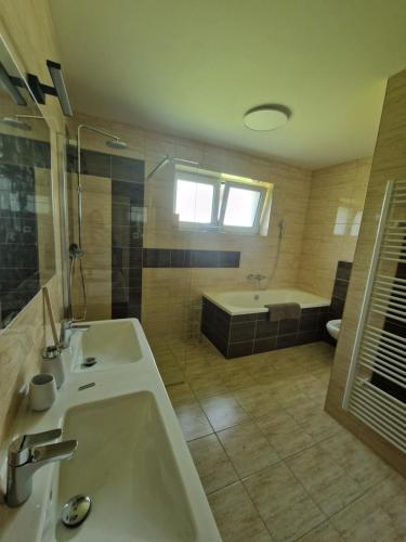 a bathroom with a sink and a tub and a shower at Chalupa Jasanka in Červená Voda