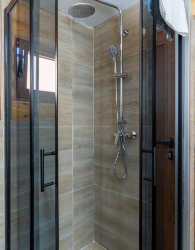 a shower with a glass door in a bathroom at Wood heaven in Žabljak