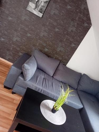 a living room with a couch and a table at Stellas Monteurwohnungen in Crimmitschau