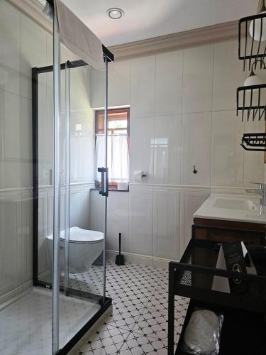 a bathroom with a shower and a toilet and a sink at Dwór Ostoya Zielony Kompleks in Jasionka