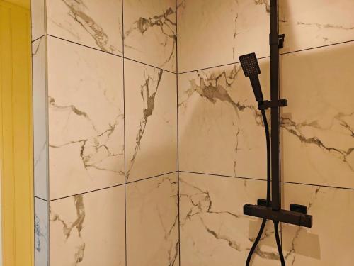 a stone wall with a microphone in a bathroom at 1 Bed in Conwy 95098 in Llangelynin