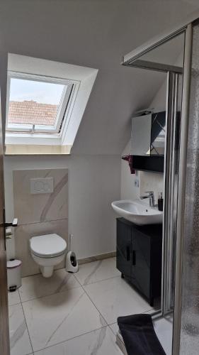 a bathroom with a toilet and a sink and a window at Apartment da Elisa in Rietheim-Weilheim