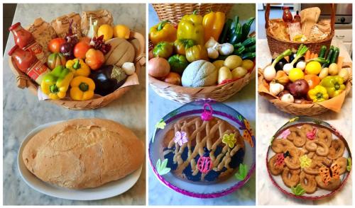 a group of four pictures of baskets of fruits and vegetables at La Palazzina in Val d'Orcia in Radicofani