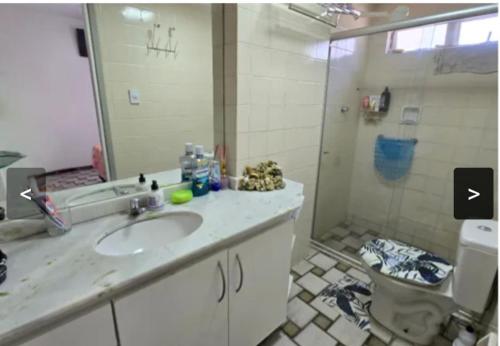 a bathroom with a sink and a shower and a toilet at Apartamento em Maceio, uma quadra da praia in Maceió