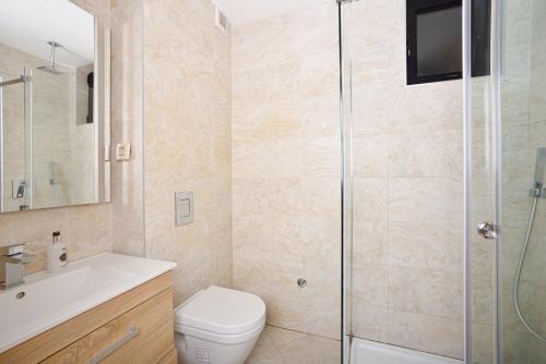 a bathroom with a shower and a toilet and a sink at Vila Mina in Zlatibor
