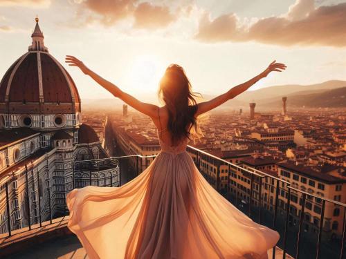 a woman in a dress standing on top of a city at Cerretani Hotel Firenze - MGallery Collection in Florence