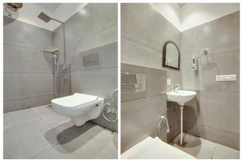 two pictures of a bathroom with a toilet and a sink at Hotel O Sky White House in Ludhiana