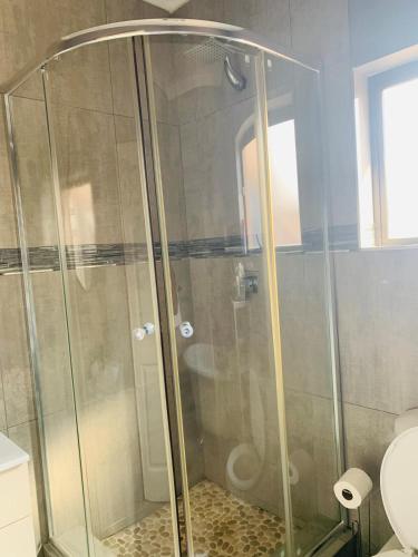 a shower with a glass door in a bathroom at Tubungu- House of Lux& Lush in Matsapha