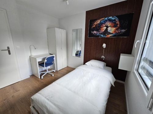 a small bedroom with a bed and a desk at Cosy private room in Lausanne center in Lausanne